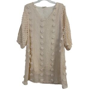 Oddy Boho Textured Sheer Tunic Dress Cream Ivory 3D Floral Dots V-Neck L Cottage